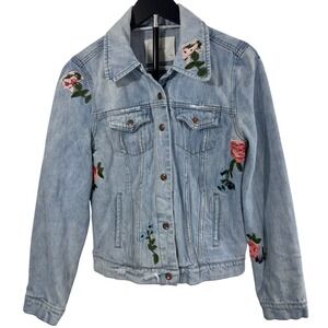 Olivaceous Women Denim Jacket Size M  Floral Embroidered Jean Distressed Detail‎